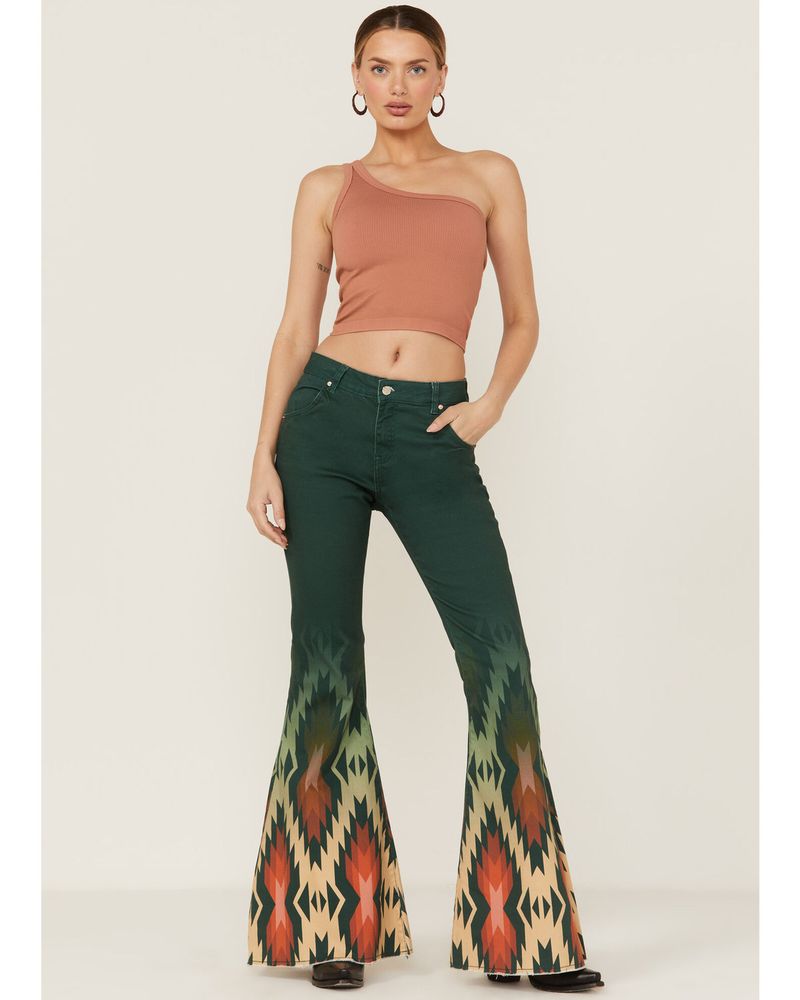 Border Print Boho Flare Pants - Denim