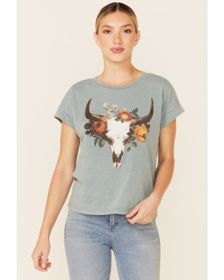 White Crow Women's Teal Floral Longhorn Skull Graphic Short Sleeve Tee