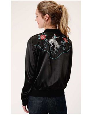 Roper Women's Black Satin Floral Embroidered Bomber Jacket