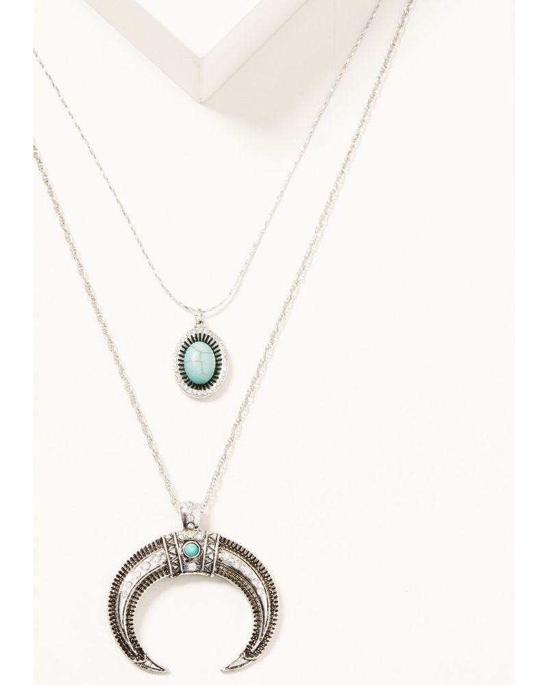 Prime Time Jewelry Women's Silver Crescent Horn & Turquoise Pendant Layered Necklace Set