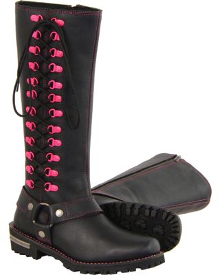 Milwaukee Leather Women's 14" Fuchsia Accent Lacing Boots - Square Toe