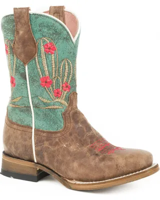 Roper Girls' Cactus Cutie Burnished Brown/Turquoise Cowgirl Boots - Square Toe