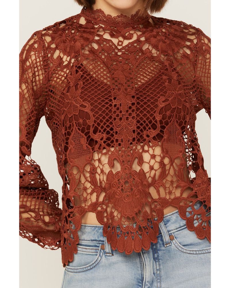 Flying Tomato Women's Sheer High Neck Crochet Long Sleeve Top