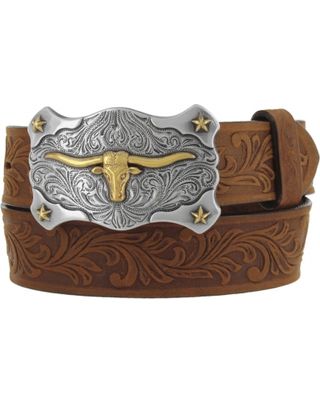 Tony Lama Kid's Leather Floral and Long Horn Belt