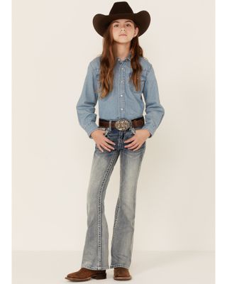 Grace LA Girls' Medium Wash Border Pocket Bootcut Jeans