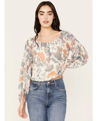 By Together Women's Floral Print Smocked Long Sleeve Crop Top