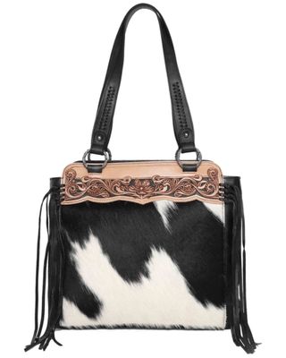 Montana West Women's Black & White Leather Hand Tooled Hair-on Concealed Carry Tote