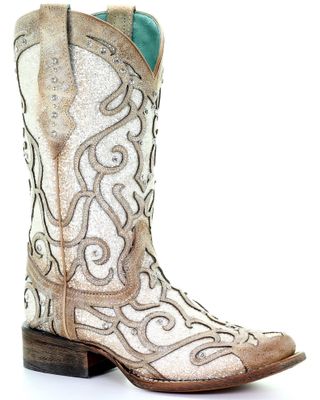 Corral Women's White Glitter Inlay Western Boots - Square Toe