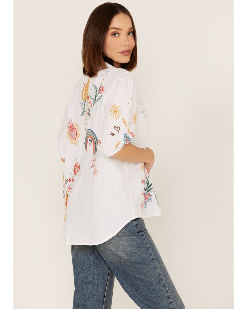 Johnny Was Women's Embroidered Lisbon Short Sleeve Button Down Blouse