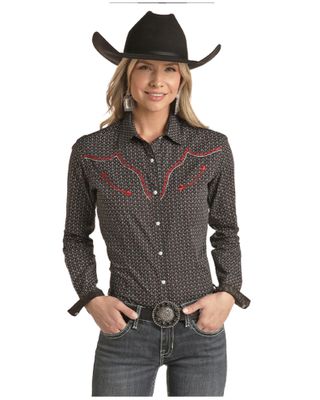 Panhandle Women's Card Geo Print Embroidered Long Sleeve Western Shirt - Plus