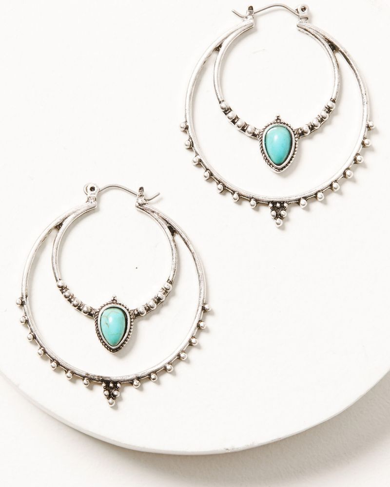 Prime Time Jewelry Women's Silver & Turquoise Double Hoop Beaded Earrings