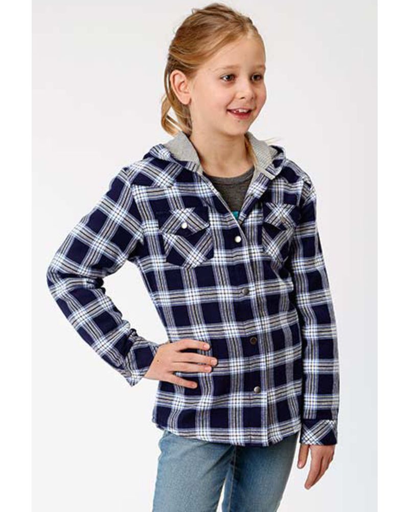 Roper Girls' Navy Plaid Hooded Flannel Shacket