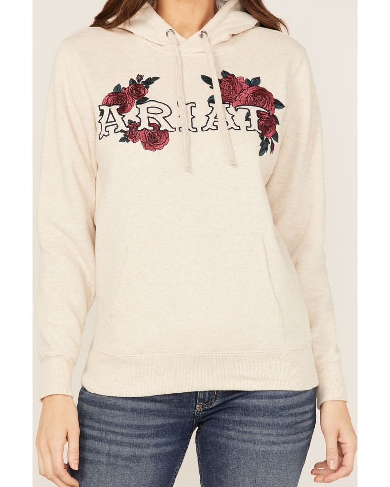 Ariat Women's R.E.A.L Oatmeal & Rose Embroidered Logo Pullover Sweatshirt Hoodie