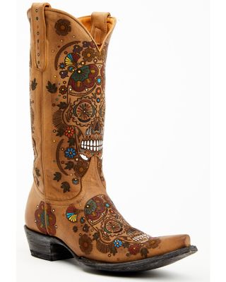 Old Gringo Women's Cavalier Skull & Floral Burnished Tall Western Leather Boots - Snip Toe