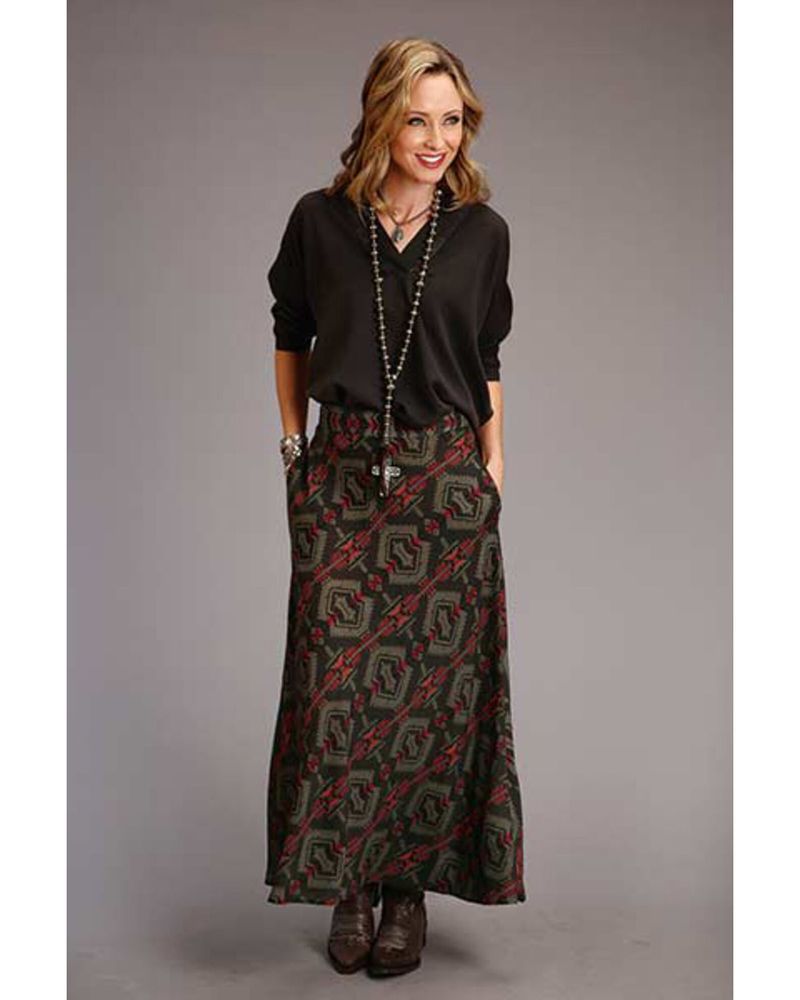 Stetson Women's Brown Rayon Challis Blanket Print Long Cut Skirt