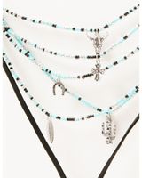 Shyanne Women's Leather Layered Turquoise Beaded & Silver Concho Fringe Charm Necklace
