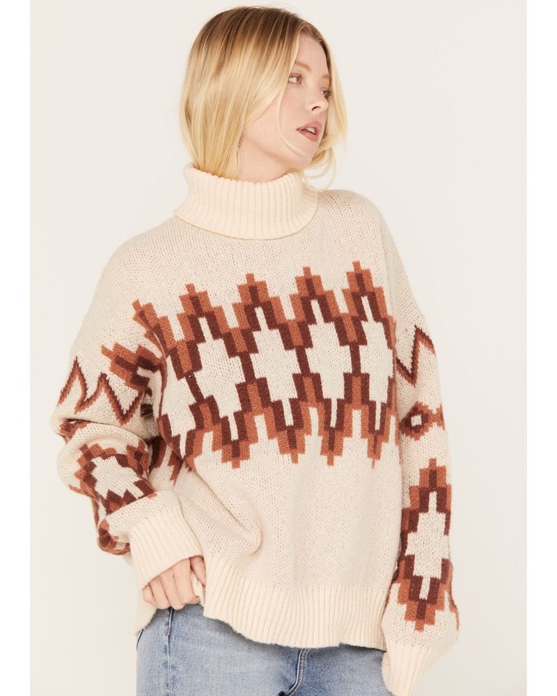 Vigoss Women's Southwestern Print Border Turtleneck Sweater