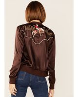 Roper Women's Wild West Embroidered Bronc Riding Brown Satin Bomber Jacket