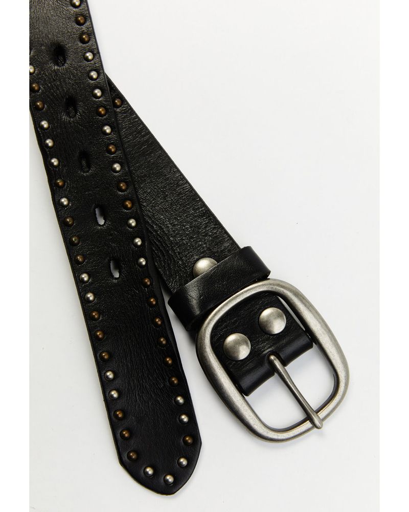 Bed Stu Women's Black Staple Studded Trim Leather Belt