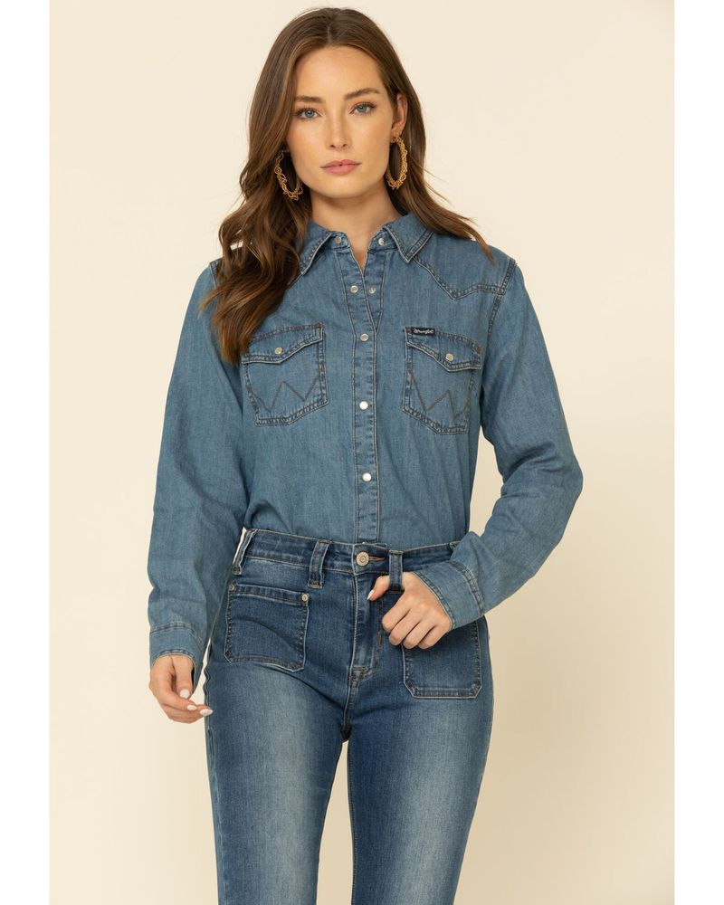 Retro 90's Western Shirt: 90s -Wrangler- Mens stone washed grey cotton  polyester blend denim longsleeve western shirt. Snap front and cuffs. Fold  over collar, front and back Western style yoke, two flap