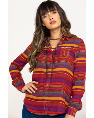 Rock & Roll Denim Women's Rust Serape Stripe Southwestern Embroidered Long Sleeve Western Shirt