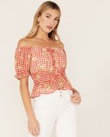 Wild Moss Women's Floral Gingham Print Puff Sleeve Crop Top