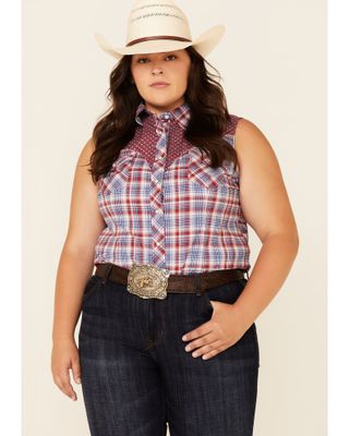 Rough Stock By Panhandle Women's Plaid Contrast Yoke Sleeveless Snap Western Core Shirt - Plus