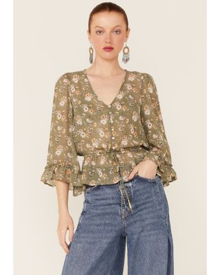 Wild Moss Women's Olive Floral Chiffon Bell Sleeve Blouse