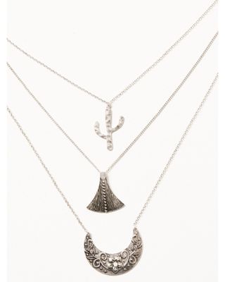 Prime Time Jewelry Women's Silver 3-piece Layered Cactus & Crescent Pendant Necklace