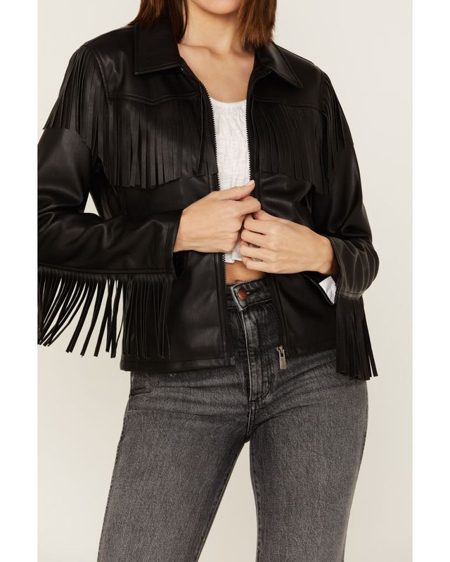 Black Faux Leather Fringe Cropped Jacket