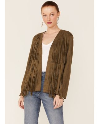 Vocal Women's Dark Olive Tiered Fringe Faux Suede Open-Front Jacket - Plus