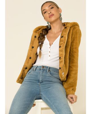 26 International Women's Mustard Faux Fur Hooded Jacket