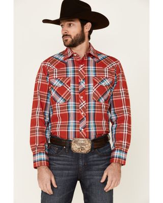 Roper Men's Warm Red Large Plaid Long Sleeve Pearl Snap Western Shirt