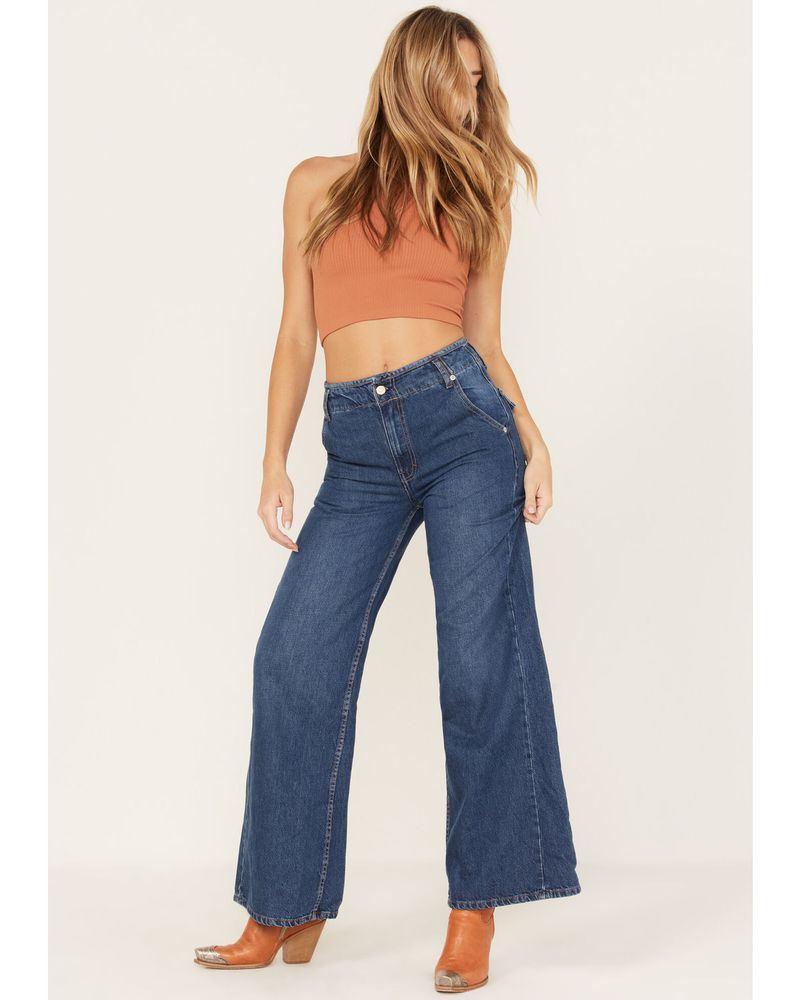 Free People Women's Dark Wash Mid Rise Harlow Wide Flare Jeans