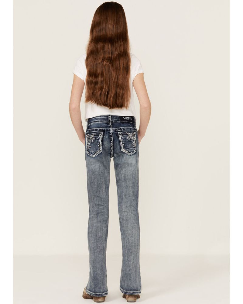 Grace LA Girls' Medium Wash Floral Pocket Stretch Bootcut Jeans