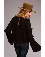 Stetson Women's Black Ruffle Bell Sleeve Crepe Blouse Top