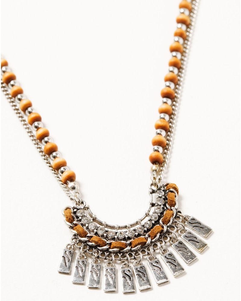 Shyanne Women's Silver Fringe & Wood Beaded Rhinestone Leather Laced Statement Necklace