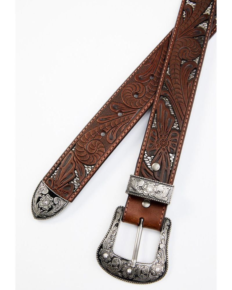 Shyanne Women's Brown Tooled Floral Cut Out Underlay Western Belt