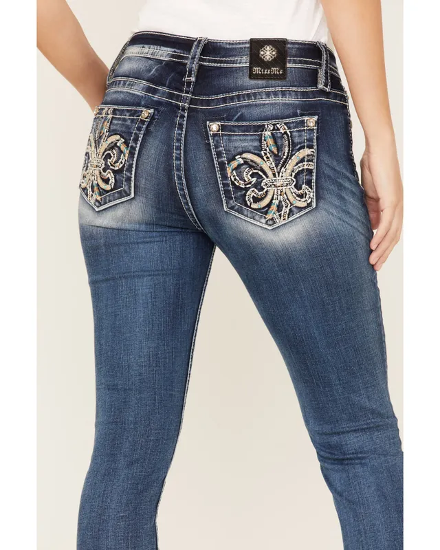 Miss Me Women's Dark Wash Mid-Rise Embroidered Bootcut Stretch Denim Jeans