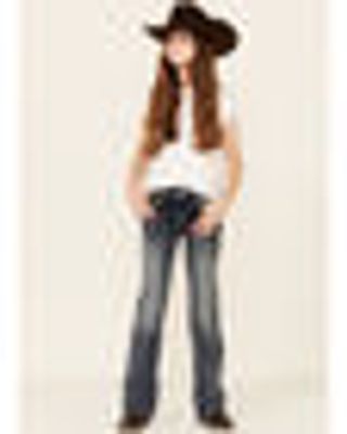 Grace LA Girls' Medium Wash Embroidered Border Pocket Bootcut Jeans