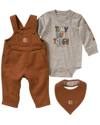Carhartt Infant-Boys' Tiny But Tough Logo Graphic Long Sleeve Onesie, Overalls & Bib Set - 3-Piece
