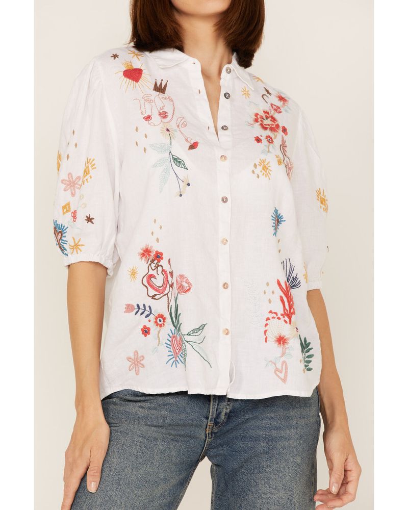 Johnny Was Women's Embroidered Lisbon Short Sleeve Button Down Blouse