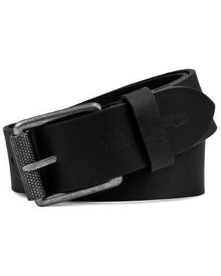 Timberland Women's Black Textured Roller Buckle Embossed Logo Leather Belt