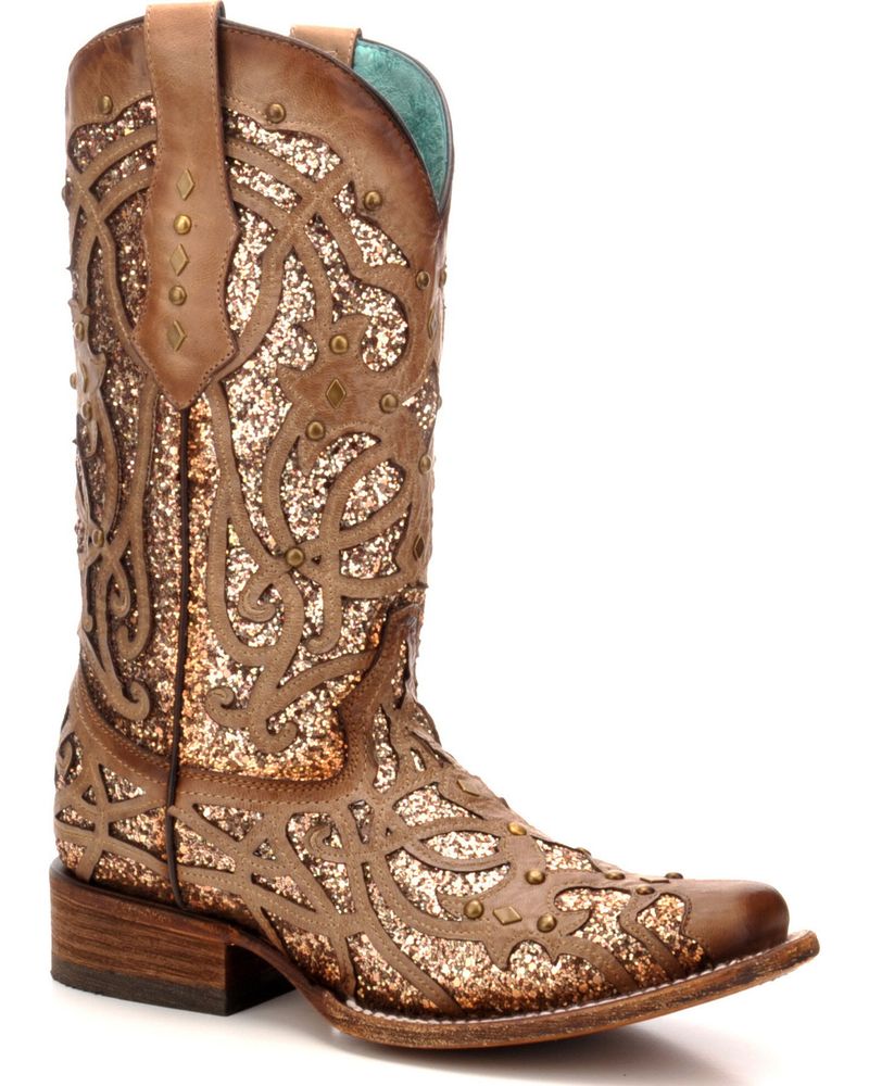 corral women's cross and wing sequin inlay square toe western boots