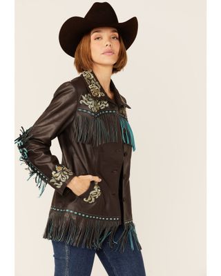 Scully Women's Brown & Turquoise Embroidered Yoke Fringe Suede Leather Jacket
