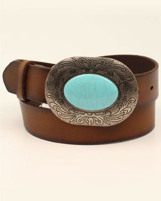 M & F Western Women's Brown Turquoise Stone Leather Belt
