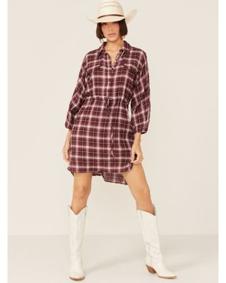 Wild Moss Women's Burgundy Long Sleeve Plaid Shirt Dress