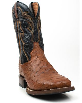 Dan Post Men's 11" Bay Apache Hand Quill Ostrich Exotic Western Boots - Broad Square Toe