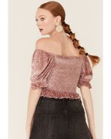 Jolt Women's Blush Velvet Off-The-Shoulder Peasant Crop Top