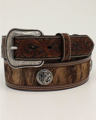 M & F Western Men's Brown Cross Calf Hair Leather Belt